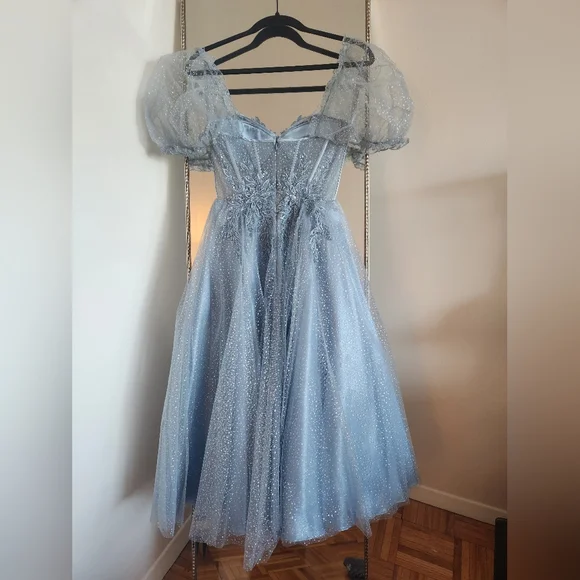 Cinderella Divine Dusty Blue Dress with Puff Sleeves - Picture 3 of 5